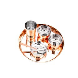 NATULIX Stainless Steel Copper Coated Hammered Finish Dinner Set of 2 Thali, 2 Plate, 4 Bowl, 2 Glass, 2 Spoon (Thali Diameter 12 inch) - Set of 12