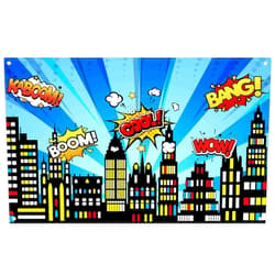 ZTHMOE 72x43inch Superhero Cityscape Backdrop American Comics Style Building Scenes Photography Background Birthday Party Cake Table Decorations Banner Photo Prop