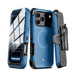 M MYBAT PRO for iPhone 17 Pro Case with Belt Clip Holster,[Compatible with Magsafe] w/Screen Protector,Anti-Drop,Shockproof,w 360°Rotating Kickstand,Heavy Duty Protection (Blue)