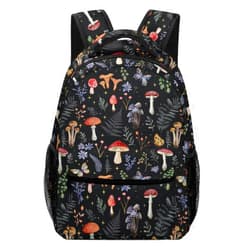 KAFFUL Mushroom Backpack for Girls Women, Vintage Forest Mushroom with Leaf Floral Flowers Butterfly Backpack for Kids, 16.5 inch Laptop Backpacks Bookbags for School Travel, Balck Starry Stars