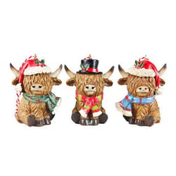 Hanna's Handiworks Scottish Highland Cows Hanging Christmas Ornaments -Set of 3- Resin Figurines with Holiday Hats, Scarves & Miniature Farmhouse Detail - Rustic Country Xmas Tree, Home & Office Décor