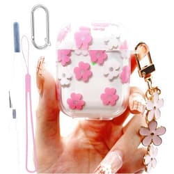 GAFKIDFO Pink Floral for AirPods 2 Case 1st Generation Clear Cover 2021, Cute Flower Pendant, Cleaning Pen Strap Accessories Set, Transparent Soft TPU Full Protective for AirPods Case Skin for Girl Women