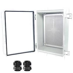 Otdorpatio Junction Box, Hinged Clear Cover Stainless Steel Latch IP67 Waterproof ABS Project Box with 2 Cable Glands,Electrical Box Enclosure with Mounting Plate & Wall Bracket 15.7x11.8x7.1inch