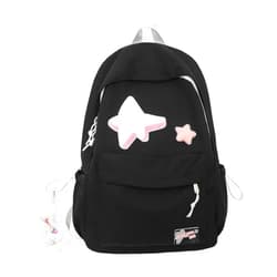 Etnoreun Kawaii Backpack with Star Patch and Cute Accessory Spacious and Multiple Compartments (Black)