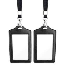 Teskyer 2 Pack Double Sided Clear Badge Holder with Lanyard, PU Leather ID Badge Name Card Holder with Stainless Steel J-Hook Nylon Lanyard for Work, School, Metro, Access, Black