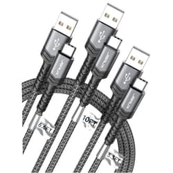 JSAUX USB-C Cable 3.1A Fast Charging, 3-Pack (10ft+6.6ft+3.3ft) USB A to Type C Charge Cord Compatible with Samsung Galaxy S22 S20 Note 20 10, iPhone 16/16e/16 Pro/16 Pro Max/15, USB C Charger(Grey)