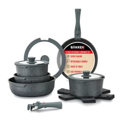 Bakken- Swiss Bakken 15-Piece Non-Stick Cookware Set with Detachable Handles – Granite Stackable Pots and Pans Set, Dishwasher Safe, Oven-Safe, and Compatible Kitchen Essential for All Stoves – Black Granite.