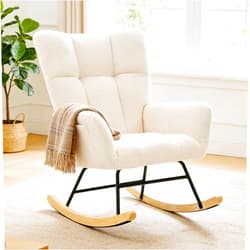 DUMOS Nursery Rocking Chair Teddy Upholstered, Comfy Glider Rocker with High Backrest Armchair Padded Seat, Accent Side Chair for Living Room Bedroom Offices Small Spaces Indoor, Beige