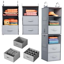 Pipishell 6-Shelf Hanging Closet Organizer, Hanging Shelves with 2 Separable 3-Tier Shelves, Closet Shelves Organizer with 3 Removable Drawers for Wardrobe, Nursery, Baby Clothes Organizer, Gray