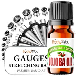 BodyJ4You 38PC Ear Stretching Kit - 14G-00G Beginner Gauges - Aftercare Balm Wax Organic Jojoba Oil - Surgical Steel Tapers Single Flare Plugs Tunnels - Stretchers Expanders Eyelets