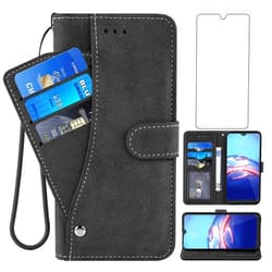 Asuwish Compatible with Moto E 2020 Motorola E7 Wallet Case and Tempered Glass Screen Protector Flip Credit Card Holder Stand Cell Phone Cover for MotoE MotoE7 E 7 7E 7th Generation Gen XT2052 XT2052DL Black