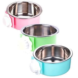 Mechpia 3 Pieces Crate Dog Bowl, Removable Stainless Steel Pet Kennel Hanging Food Water Feeder Bowl Cage Coop Cup for Puppy Medium Dog Cat Rabbit Ferret Bird (Blue,Red,Green)