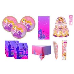 Unique Disney Tangled Rapunzel Princess Birthday Party Supplies Bundle Pack includes 16 Lunch Plates, 16 Napkins, 1 Table Cover, 1 Mini Favor Boxes Centerpiece, 1 Sash (Bundle for 16)