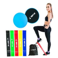 Thirty48 Gliding Discs Core Sliders and 5 Exercise Resistance Bands | Strength, Stability, and Training for Home, Gym, Travel | User Guide & Carry Bag