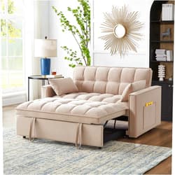 FocusOnHome Convertible Sofa Bed Adjustable Velvet Pull Out Couch Sleeper Modern Recliner Reversible Loveseat Folding Daybed Guest Bed, Adjustable Backrest and Pillows, 550lb Capacity, Taupe