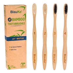 BlauKe Bamboo Toothbrushes Soft Bristles 4-Pack – Biodegradable, Sustainable, Natural, Eco-Friendly – Black Charcoal Wooden Toothbrushes