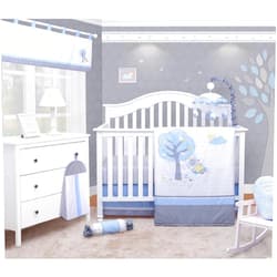 OptimaBaby 6-Piece Baby Crib Bedding Set - Crib Quilt, Skirt, Fitted Sheet, Window Valance, Accent Pillow, Diaper Stacker - Baby Boy, Girl Room Nursery Decor and Bedding Ensemble - Blue Little Puppy