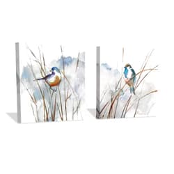 Hardy Gallery Abstract Picture Bird Wall Art: Animal Birds on Reed Watercolor Artwork Prints on Canvas for Bedroom (12” x 12” x 2 Panels)