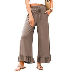 EVALESS Womens Wide Leg Pants Drawstring Elastic High Waisted Ruffle Hem Palazzo Pants with Pockets