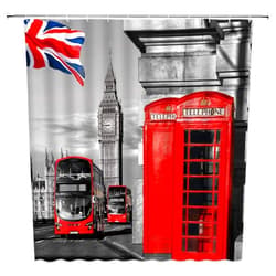 WZFashion London Shower Curtain Red Telephone Booth in Street Romantic City Scenery Old Street Big Ben Vintage England UK Flag Retro Fabric Bathroom Curtain Set
