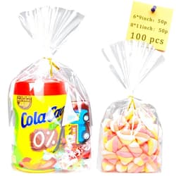 Labeol Clear Cellophane Bags 100Pcs Gusset Bottom Clear Gift Bags Treat Bags with Ties 8X11 6X9 Goodie Bags Party Favor Bags Cellophane Wrap for Popcorn Cookie Candy