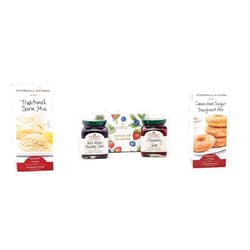 Stonewall Kitchen Classic Jam, Traditional Scone Mix & Cinnamon Sugar Doughnut Mix Gift Bundle Set