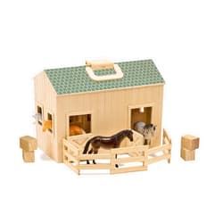 Melissa & Doug Fold and Go Wooden Horse Stable Dollhouse With Handle and Toy Horses (11 pcs) Portable Horse Barn Play Set, Toy Figures For Kids 3+