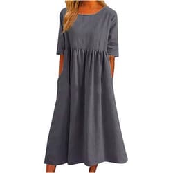 Zaswen Women's Cotton Linen Maxi Dress Summer Crewneck Half Sleeve Tshirt Dresses Loose Casual Flowy Long Dress with Pockets
