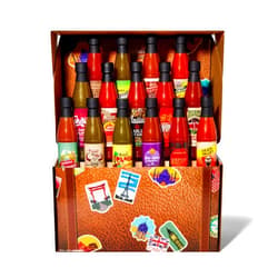 Thoughtfully Gourmet, World Traveler Suitcase Hot Sauce Gift Set, Vegan and Vegetarian, Flavors Like Cowboy Bacon, Italian Garlic, and More, Set of 15