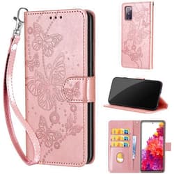 KENHONER Designed for Samsung Galaxy S20 FE Case Wallet,Women Flip Folio Cover with Embossed PU Leather Stand Credit Card Holders Slots Wrist Strap Phone Case for Samsung S20 FE 5G (Rose Gold Butterfly)