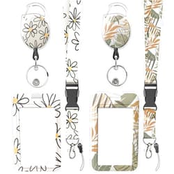 Uniclife 2 Pack Floral Sliding Badge Holder Flower Leaves Plastic Case with Retractable Badge Reel Carabiner Clip and Detachable Lanyard Strap Hard Vertical Card Protector for Women Nurse Teacher