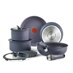 T-fal Ingenio Essentials Cookware Set with Detachable/Removable Handle 11 Piece, Granite Titanium Non Stick, Induction, Oven Broiler Safe 500F, Stackable, Pots and Pans Set, RV Camping, Fry Pans Gray