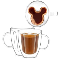 JoyJolt Disney Mickey Mouse 3D Coffee Cups 10oz. Glass Cups Set of 2 Insulated Double Wall Glass Coffee Cups with 3D Design. Insulated Coffee Cup Set. Unique Coffee Mugs, Espresso, and Disney Cups