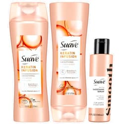 Suave Keratin Shampoo and Conditioner Set + Simply Styled Hair Smoothing Serum, Keratin Hair Treatment for Dry, Damaged Hair (3 Piece Set)