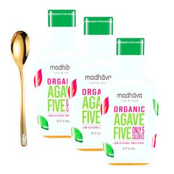Moofin Madhava Agave Nectar, 16 Oz, Premium Sweet & Low Glycemic, Ideal Sugar Alternative, Agave Syrup Organic With Golden Ss Spoon, Naturally Enhances Flavors, Agave Nectar Organic, [Pack Of 3]