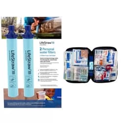 ‎LifeStraw LifeStraw Personal Water Filter for Hiking, Camping, Travel, and Emergency Preparedness, 2 Pack, Blue & First Aid Only 298 Piece All-Purpose First Aid Emergency Kit (FAO-442)