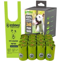 Ecobewus 100% Compostable Handle-Tie Doggy Poop Bags (240 Bags) 16 Refill Rolls Biodegradable Plant Based ASTM D6400 & EN 13432 Compliant HOME Certiified Compostabel Pet Dog Waste Bags (240 ct.)