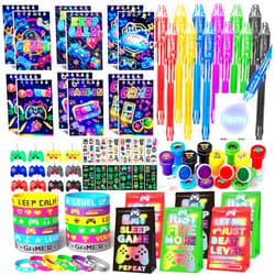SNLN Video Game Party Favors Gamer Birthday Supplies for Kids Neon Notebook Bags Invisible Ink Pen Silicone Bracelet Stamper Keychain Tattoo Sticker Gaming Game on Party Favors for Boys Goodies Bag