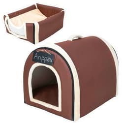 ANPPEX Small Dog House Indoor,2 in 1 Washable Covered Dog Cat Bed,Insulated Cozy Pet Dog Igloo Cave,M Size for Cats and Puppies,Brown