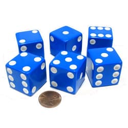 Koplow Games Set of 6 D6 25mm Large Opaque Jumbo Dice - Blue with White Pip