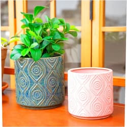 Chonsun Ceramic Planter Set of 2Pcs 7+6 Inch Plant Pots Indoor Oudoor Plante Flower Pots Plant Pots Mid-Century Planter Ceramic Blue and Pink