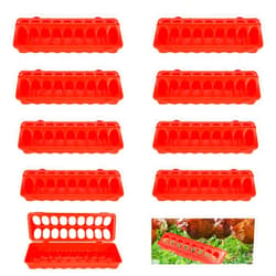 LANIAKEA 10PCS Flip Top Poultry Feeder, Plastic Chicken Feeder, No Mess No Waste Small Quail Feeder for Chickens, Pigeons, Parrots, Quail, Birds and More (Red)