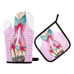 QUGRL Oven Mitts and Pot Holders Set Funny Kitchen Apron Kitchen Oven Gloves Pin-up Sexy Bikini Girl Hot Pads Heat Resistant Handling Cooking Cookware Bakeware BBQ