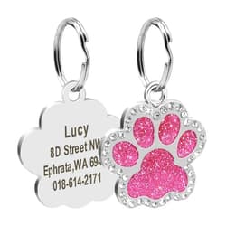 Didog Glitter Rhinestone Paw Print Custom Pet ID Tags,Crystal Stainless Steel Personalized Engrave ID Tags Fit Small Medium Large Dogs and Cats,Pink