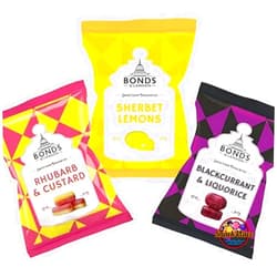 SnackWave Original Bonds London | The Best Flavors Of British Candy | Pack of 3 Flavors - Rhubarb & Custard, Sherbet Lemons, Blackcurrant & Liquorice | Bag Sugar Coated Flavored Boiled Sweets | Pack by SnackWave