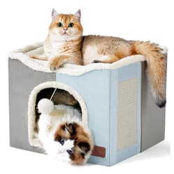 Bedsure Cat Beds for Indoor Cats - Large Cat Cave for Pet Cat House with Fluffy Ball Hanging and Scratch Pad, Foldable Cat Hideaway,16.5x16.5x13 inches, Pale Blue
