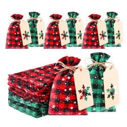 GlyinnHe 36PCS Christmas Drawstring Bag Buffalo Plaid Xmas Burlap Bag with Snowflake Bulk Jute Gift Goody Treat Bags with Kraft Tag for Xmas Holiday New Year Party Favors Supplies