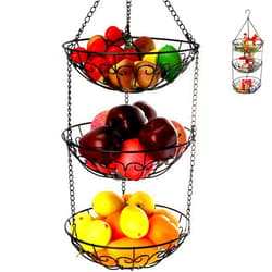 Dicunoy 3-Tier Hanging Fruit Basket, Heavy Duty Wire Baskets for Kitchen, Rustic Hanging Veggie Rack, Metal Fruit Holder with Hook Storage for Potatoes, Onions, Oranges, Bananas, Limes, Lemons