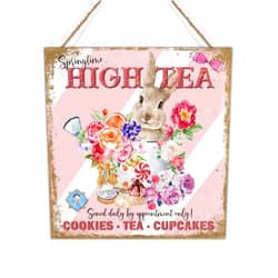 Swavecat Easter Bunny Flowers Spring Time Wood Wall Art Sign Pink Stripes Cookie Tea Cupcakes Hanging Sign Spring Greetings Happy Easter Home Decor Signs for Home Office Porch 12x12in