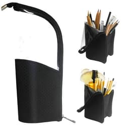 FIYUK ANEMEL Black Travel Makeup Brush Holder, Organizer Bag Clear Plastic Cosmetic Zipper Pouch Portable Waterproof Dust-Free Stand-Up Small Toiletry Stationery Bag with Divider